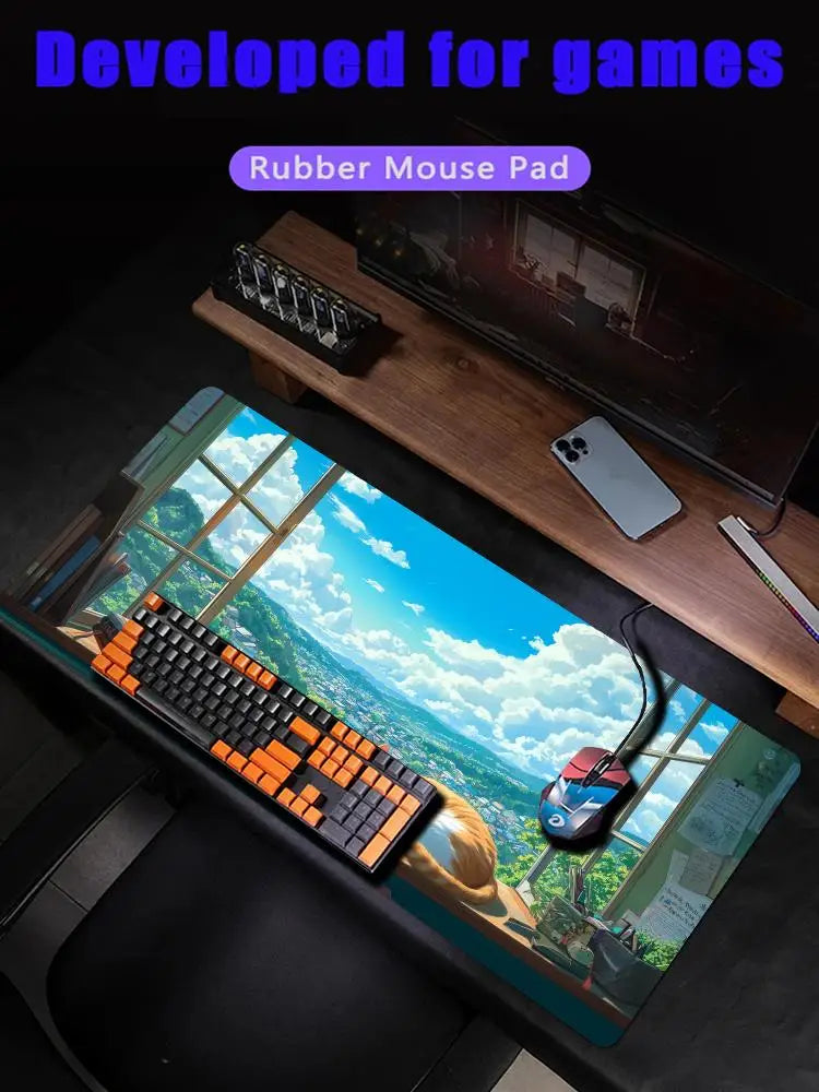 Summer scenery and orange cat Mouse Pad Desk Mat Gaming mat gamer pc accessories rubber anti-slip keypad expansion mousepad