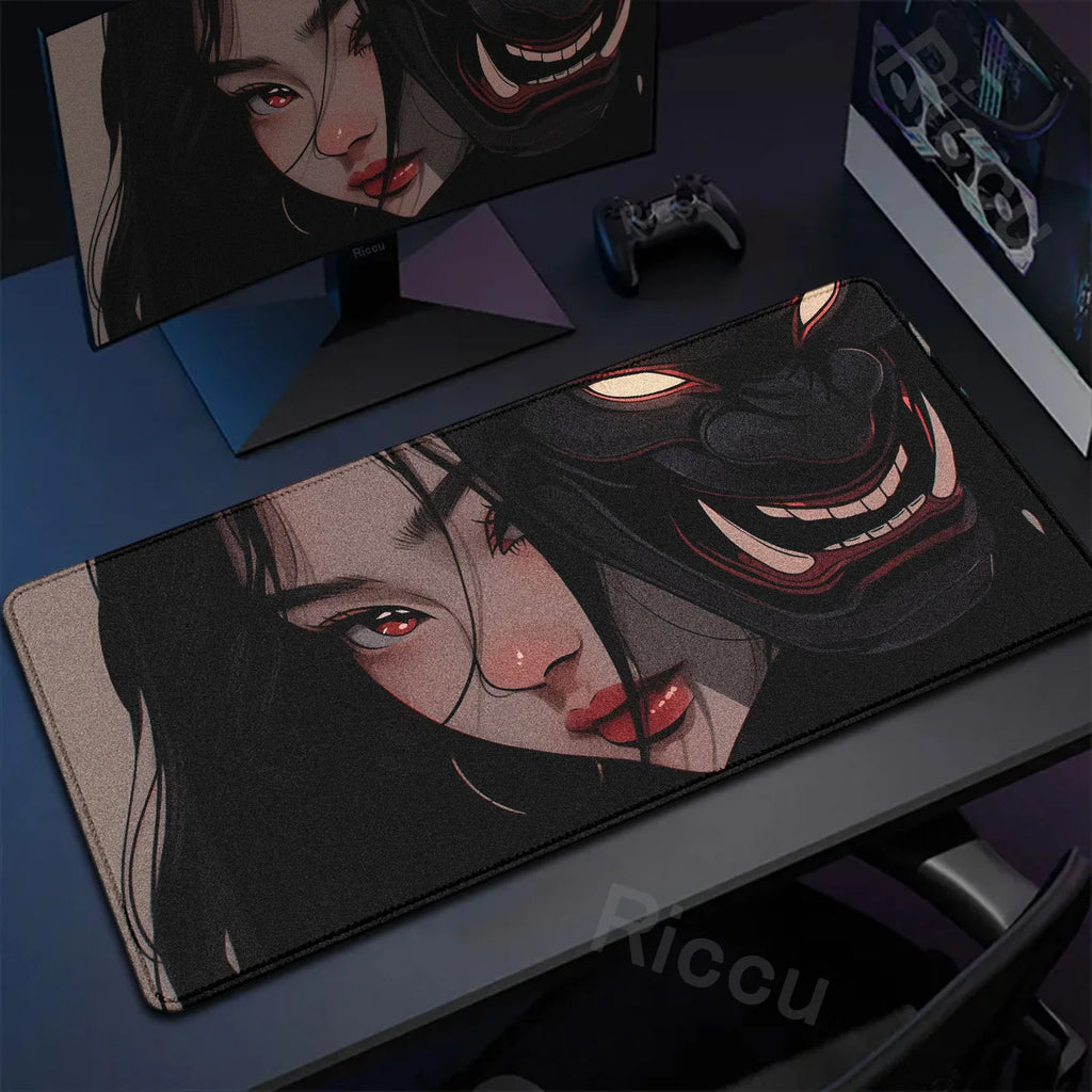 40x90cm Gaming Samurai Oni Mouse Pad Japan Mask Girl Deskmat Large Gamer Professional Premium Mousepad Speed Control Accessories
