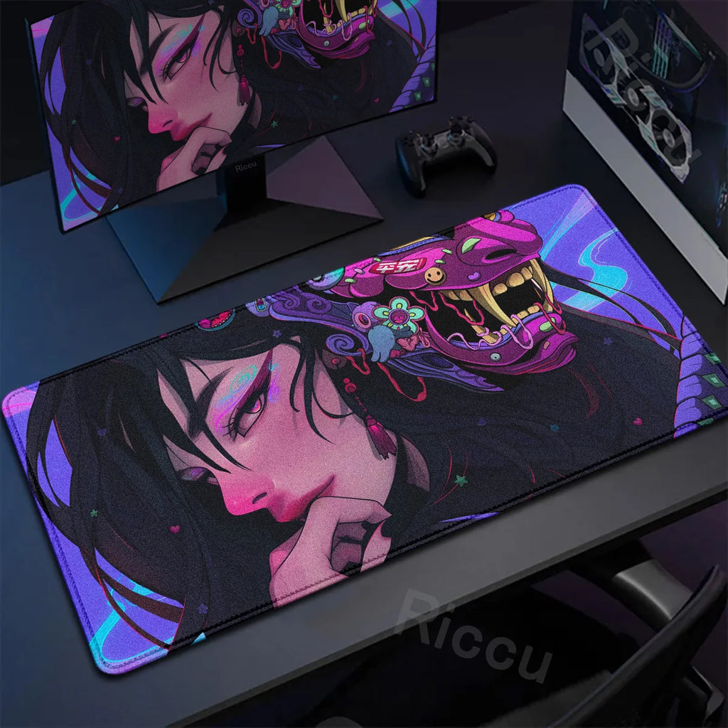 40x90cm Gaming Samurai Oni Mouse Pad Japan Mask Girl Deskmat Large Gamer Professional Premium Mousepad Speed Control Accessories