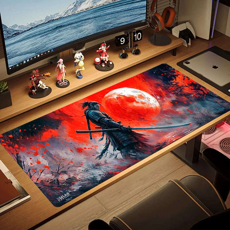 Japanese Sakura Samurai Black Mouse Pad Game Player Table Pad Anti-Slip Red Bushido Large Size Computer Game Player